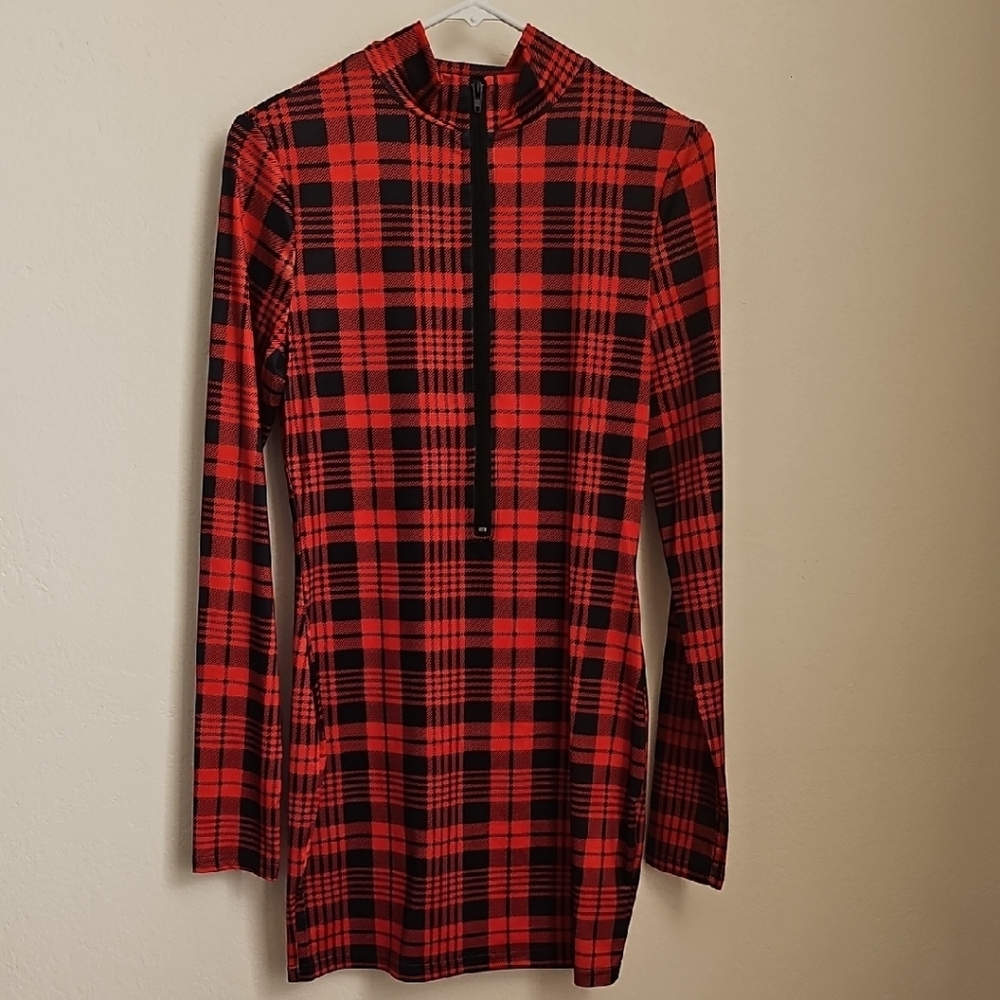 Red Plaid Long Sleeve Dress